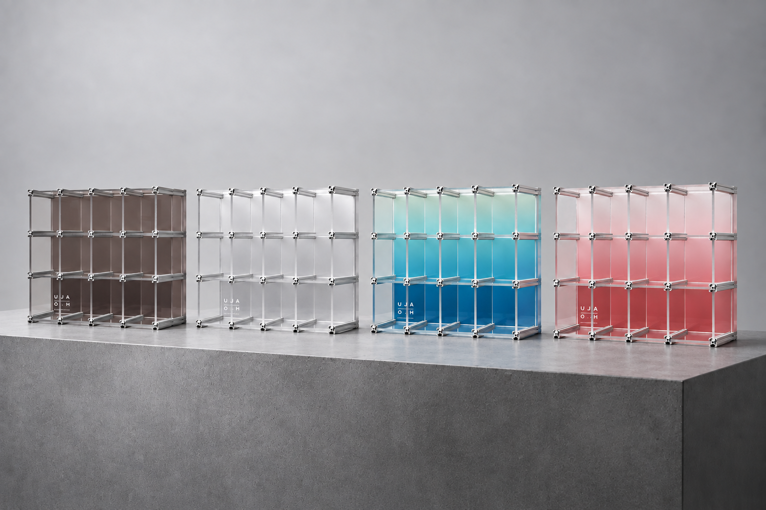 Alumo Display Box in Matte Black, Frosted Matte, Gradient Blue Matte and Gradient Pink Matte