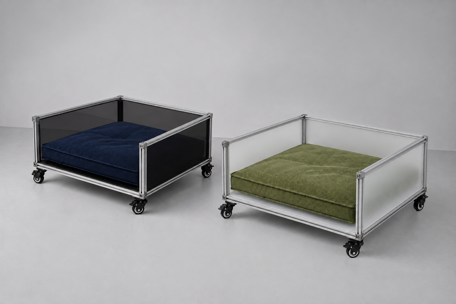 Alumo Pet Bed Frame in matte black with a slate blue cushion and frosted matte with an army green cushion
