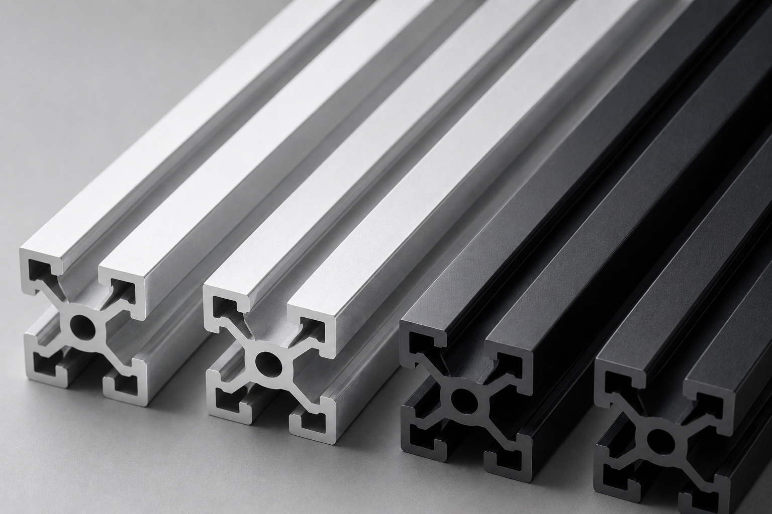 Aluminium extrusion profiles in silver and black finishes